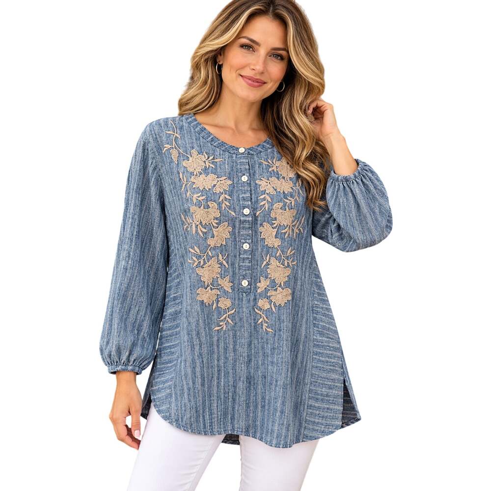Pure jill elements indigo chambray long sleeve embroidered accent tunic top sz L
